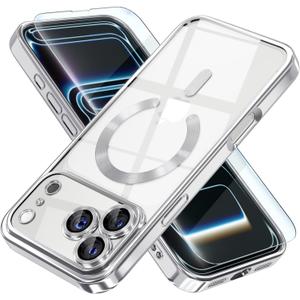 Misea Magnetic for iPhone 17 Pro Max Case Compatible with MagSafe [Never Yellowing] [Military Grade Drop Protection] Full Camera Lens Protector Plating Soft Clear Phone Case for Women, Silver