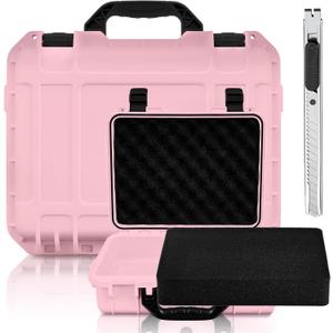 1 Pcs 14.3 x 11.4 x 4.5 Inch Waterproof Hard Case with DIY Customizable Foam Insert Portable Protective Case with Knife for Camera Drones Equipments Tools Test Instruments (Pink)