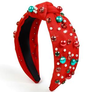 Huachi Christmas Headbands for Women Hair Accessories, Holiday Knotted Headbands with Pearls Rhinestones Festive Head Band for Womens Hair Headpieces Christmas Gifts (Red)