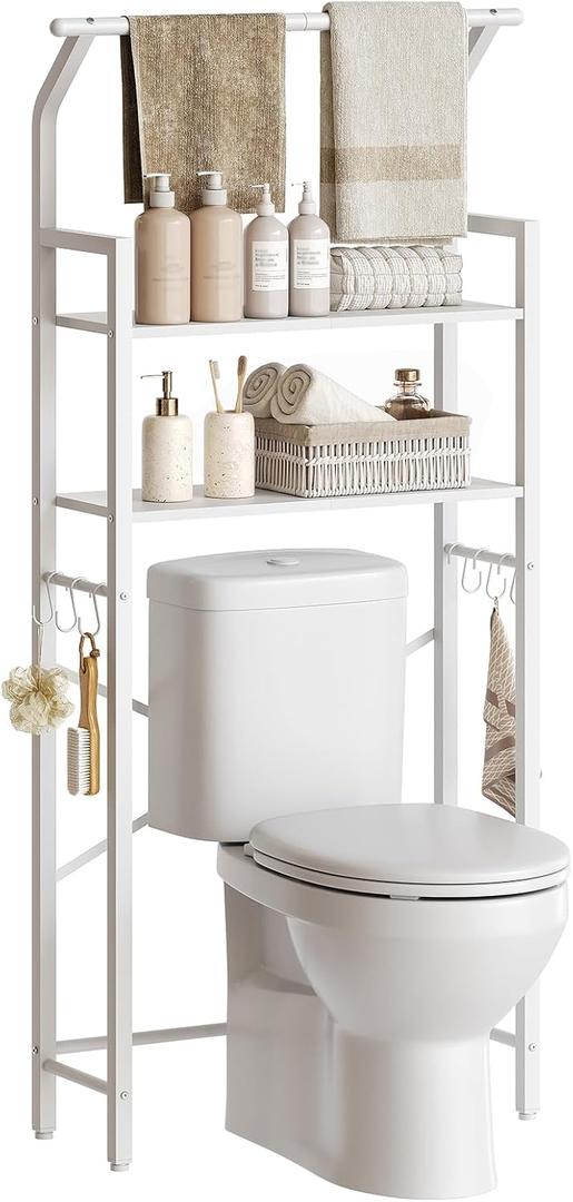 Over The Toilet Storage, 2-Tier Bathroom Organizer Shelves with Hooks, Multifunctional Vertical The Toilet Shelf Storage Rack for Bathroom, White TR01WT Over The Toilet Storage, 2-Tier Bathroom Organizer Shelves with Hooks, Multifunctional Vertical The Toilet Shelf Storage Rack for Bathroom, White TR01WT