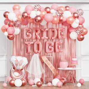 65 Pcs Rose Gold Bridal Shower Decorations,White Pink Rose Confetti Balloons,Bride To Be Banner,Fringe Curtains,Bridal Veil,Bride Sash and Crown hairband for Bachelorette Party Decor (Rose Gold)