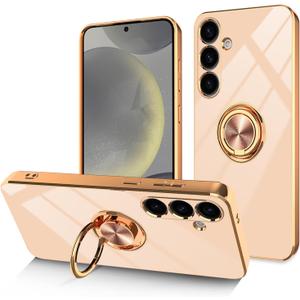Dinick Pink for Samsung Galaxy S24 Case with Ring Holder Kickstand [with Magnetic] Soft TPU Bumper, Glitter Gold Electroplated Cover Slim Thin Protective Phone Case for Galaxy S24