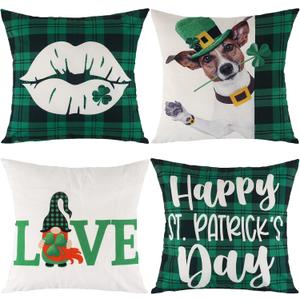 St Patricks Day Decorations Pillow Covers 18x18 Set of 4 Green Buffalo Plaid Throw Pillow Covers Irish Shamrock Home Decor Throw Pillows Cover, Love Lip Heart Dog Clovers Cushion Case for Sofa Couch