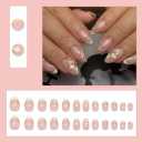 Almond Press on Nails Short Fake Nails French Tip False Nails with Flower Design Gold Line Glue on Nails Giltter Stick on Nails Glossy Acrylic Nails for Women Manicure 24Pcs
