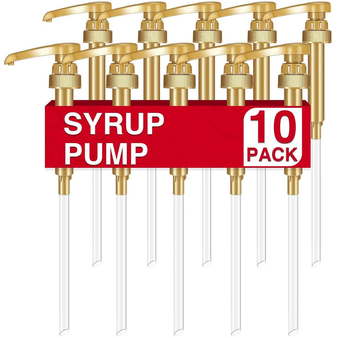 VOISEN Coffee Syrup Pumps, 10 Pack Gold Syrup Pump, Skinny Syrup Pump for 750ml 25.4oz Syrup Bottle, Syrup Pump Dispenser for Kitchen Dinning Coffee Bar Drinking Mixes, Davinci, Jordans
