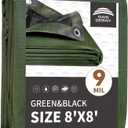 RAINDEWAY 8x8 Feet Tarp Waterproof,Durable,9Mil Thick Finished Size,Multipurpose Poly Tarp Cover with Metal Grommets and Reinforced Edges,Green/Black Tarps