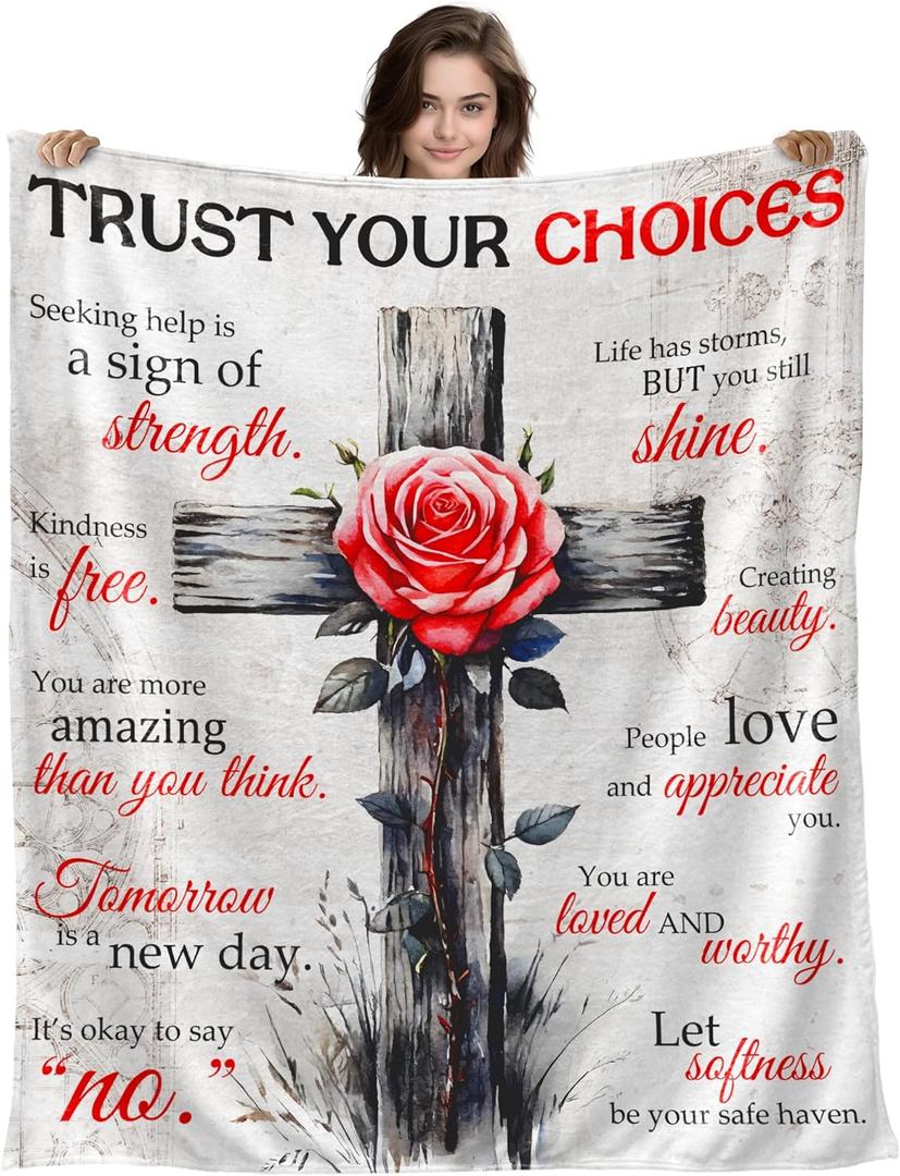Get Well Gifts for Women, Extra Large Inspirational Gifts Trust Your Choices Blanket, Supportive Plush Throw with Rose & Elegant Motif, Spiritual Self Care Package for Mom Sister Friend, 50"x70" (White)