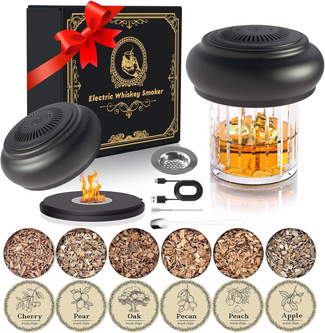 Electric Whiskey Smoker Kit with 6 Wood Chips, Cocktail Infuser for Bourbon, Scotch, Old Fashioned Drinks, One Button Operation, USB Rechargeable, No Torch Required, Portable Whiskey Gifts for Men
