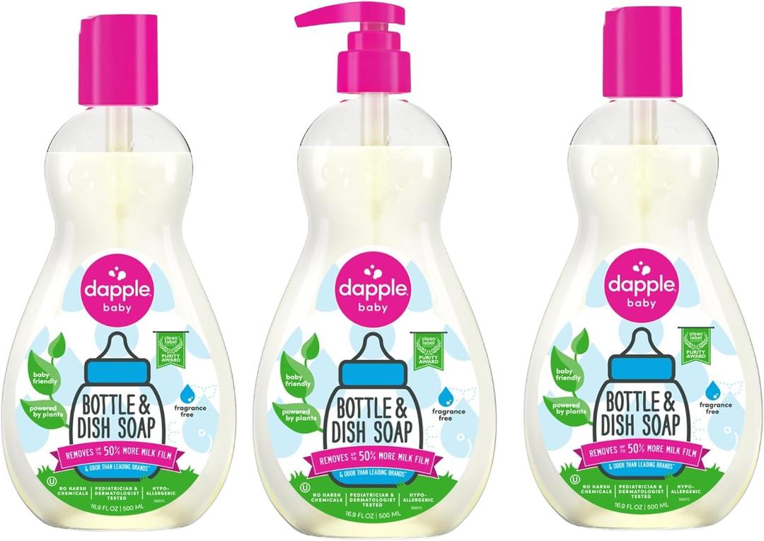 Dapple Baby Fragrance Free Bottle & Dish Soap - (3 Pack) 16.9 fl oz - Cleans Baby Bottles, Sippy Cups, Pacifiers, Breast Pumps, & More - Gently Removes Milk Film & Odors - Includes 1 Pump