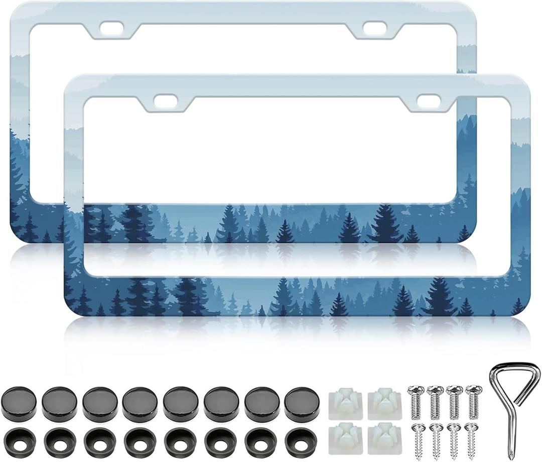 Mountains Forest License Plate Frame - 2 PCS Mountain Tree Aluminum Metal License Plate Frames Holder Covers, Rust-Proof Waterproof Car Decorative Tag Frames for Standard Us 12x6 Inch