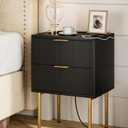 Masupu Nightstand with Charging Station,MidCentury Modern Bedside Table with 2 Storage Drawer,Small Gold Frame Side End Table for Bedroom,Living Room (Black)