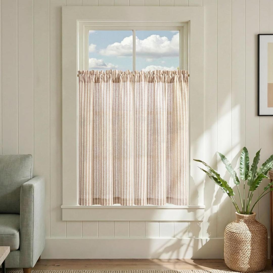 jinchan Striped Linen Kitchen Curtains 36 Inches Length Tier Curtains Farmhouse Modern Cafe Style Small Window Treatments Airy Light Filtering Rod Pocket for Living Room Bathroom 2 Panels Tan