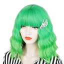 Short Wavy Shoulder Length Women Full Bang Heat Resistant Bud Green Realistic Synthetic Wig with Hair Pin (Bud)