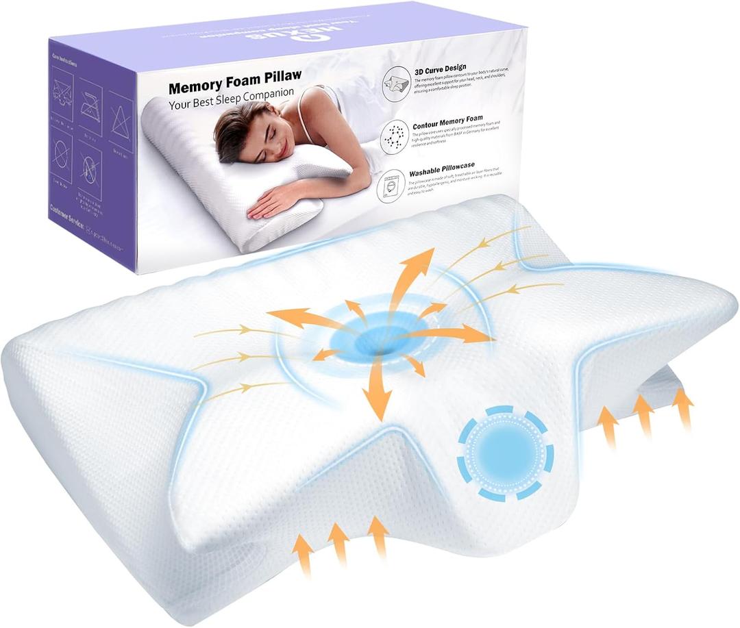 Hexus Cervical Neck Pillow for Pain Relief Sleeping, Ergonomic Memory Foam Pillows, Orthopedic Contour Neck Support Pillows with Cooling Pillowcase for Side, Back, and Stomach Sleeper, White