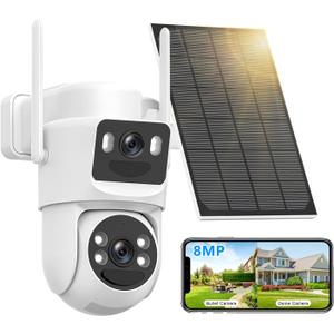 4K Solar Security Cameras Wireless Outdoor Battery Powered, 5GHz & 2.4GHz Dual Lens Bullet & 360PTZ Linkage Outdoor Security Camera with Solar Panel (White)