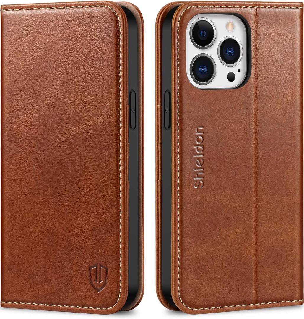 SHIELDON Case for iPhone 13 Pro Max 5G, Genuine Leather Folio Wallet Magnetic Shock Absorbing Case RFID Blocking Credit Card Holder Kickstand Compatible with iPhone 13 Pro Max 6.7" - Retro Brown