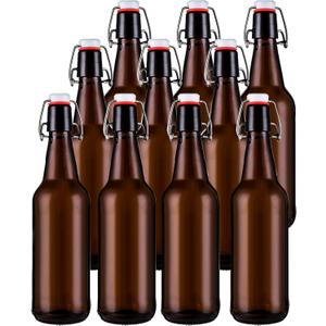 Jucoan 10 Pack Amber Glass Beer Bottles,16 oz Swing Top Glass Bottles with Airtight Flip Cap for Home Brewing Fermenting Beer, Kombucha, Kefir, Coquito, Soda, Wine, Beverage