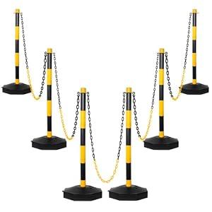 SHAREWIN 35" Parking Delineator Stanchion with Base - Post Traffic Cone, Reflective Collar Black, Yellow - Chain Barriers for Construction, Crowd Control, Events, Road Warning (6-Pack)