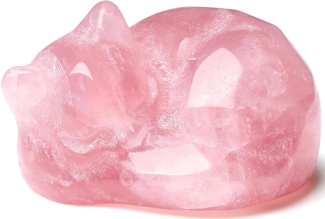 QINJIEJIE Rose Quartz Cat Decor Pink Gift Crystals Sleeping Cat Statue Stone Figurine Polished Gemstones Decors Office Room Home Desk Healing Valentines Decors for Women Cats Decor