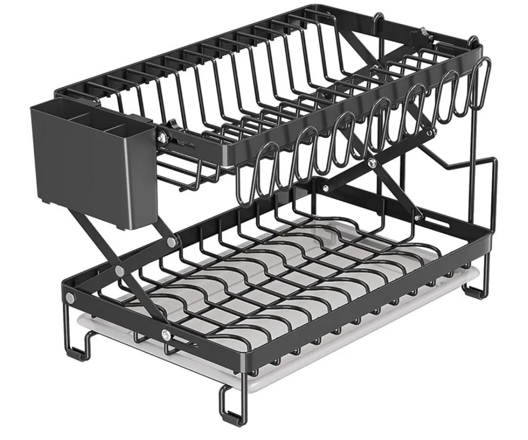 2-Tier Dish Drying Rack, Multifunctional Dish Rack, Height Adjustable, Rustproof Kitchen Dish Drying Rack with Drainboard, Utensil Holder & Cup Holder for Kitchen Counter Black