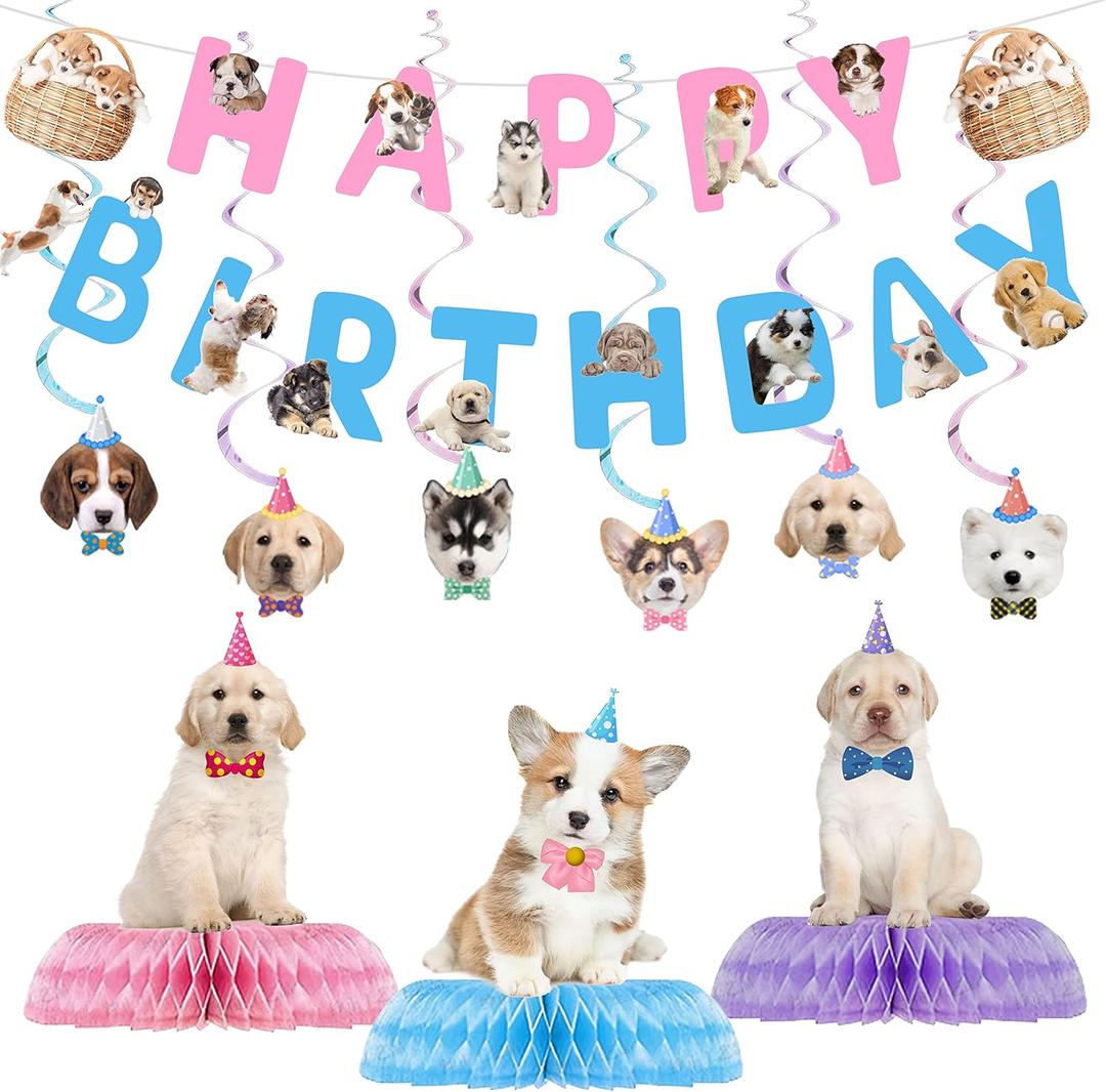 16 Pcs Dog Birthday Party Supplies, Dog Party Decorations, Puppy Birthday Party Decorations Includes 1 Dog Happy Birthday Banner, 6 Dog Hanging Cutouts, 6 Hanging Swirl Decorations and 3 Birthday Honeycomb Centerpieces for Dog Themed Birthday Party Supplies