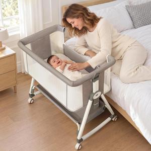 Baby Bassinet Bedside Sleeper with Wheels, Breathable Mesh & Soft Mattress, 4 Adjustable Heights, Easy Fold, Crib