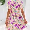 BTFBM Women Spring Dresses 2026 Short Sleeve V Neck Tiered Ruffle Boho Swing Dress A-Line Floral Mini Dresses (XL)