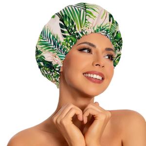 Reusable Shower Caps for Women Waterproof, Large Luxury Washable Elastic Band Bath Hair Bonnet, Double Layer Stylish Shower Hat for Long Hair, Braids, Curly(Plantain Leaf)