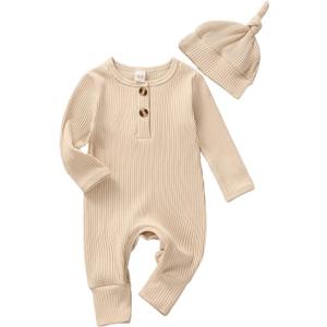 Infant Boys Girls Clothes Set Newborn Baby Romper Hat Ribbed Knit Long Sleeve Button Solid Bodysuit Jumpsuit (0-3 Months, Light Khaki)