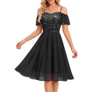 MUADRESS Women's Bridesmaid Wedding Guest Dress 2026 Sparkly Lace Cocktail Prom Party Dresses for Teens Spaghetti Strap , Large, Black