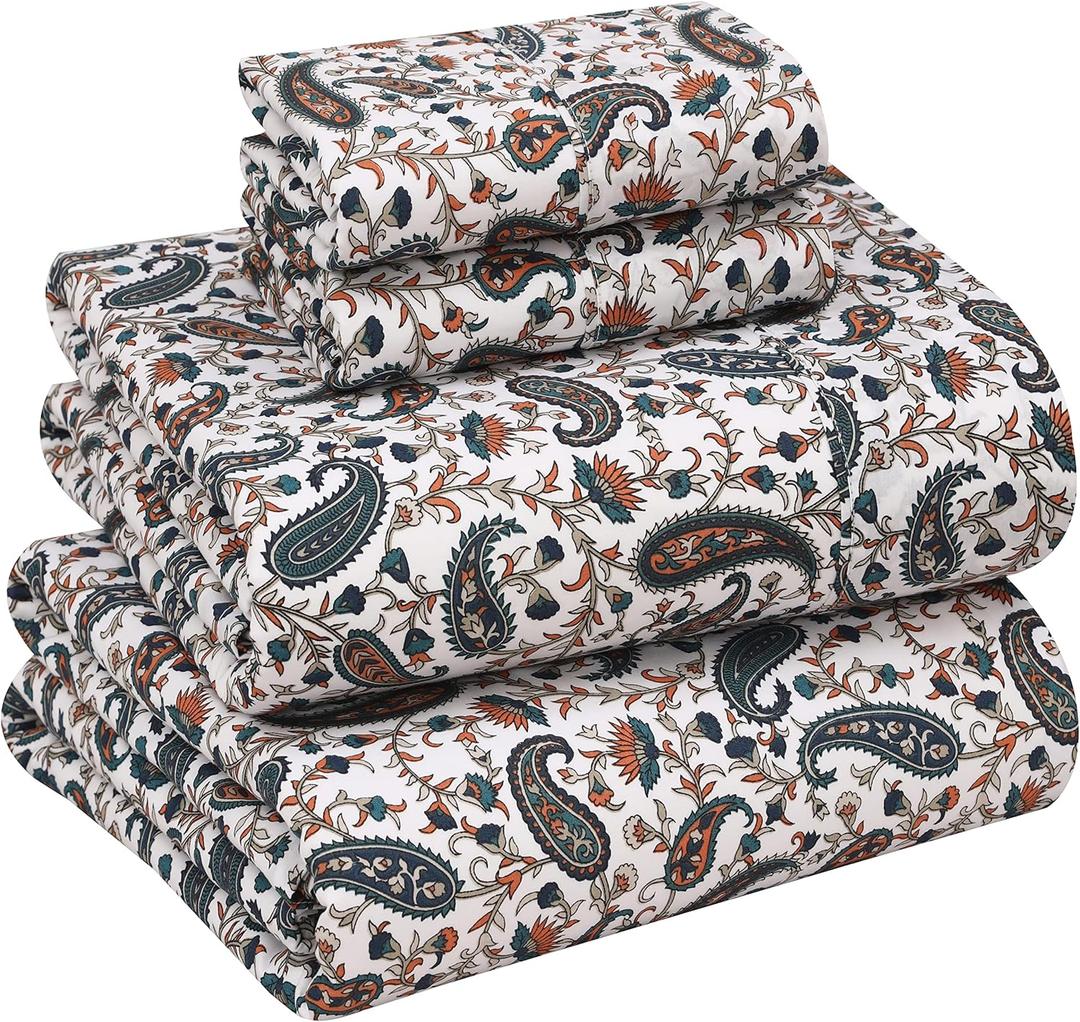 RUVANTI 100% Cotton Percale Sheets King Size – Crisp Cooling Bed Sheets for Hot Sleepers, Deep Pocket 16”, Soft Breathable & Durable Hotel-Style 4 Piece Set, Teal Paisley