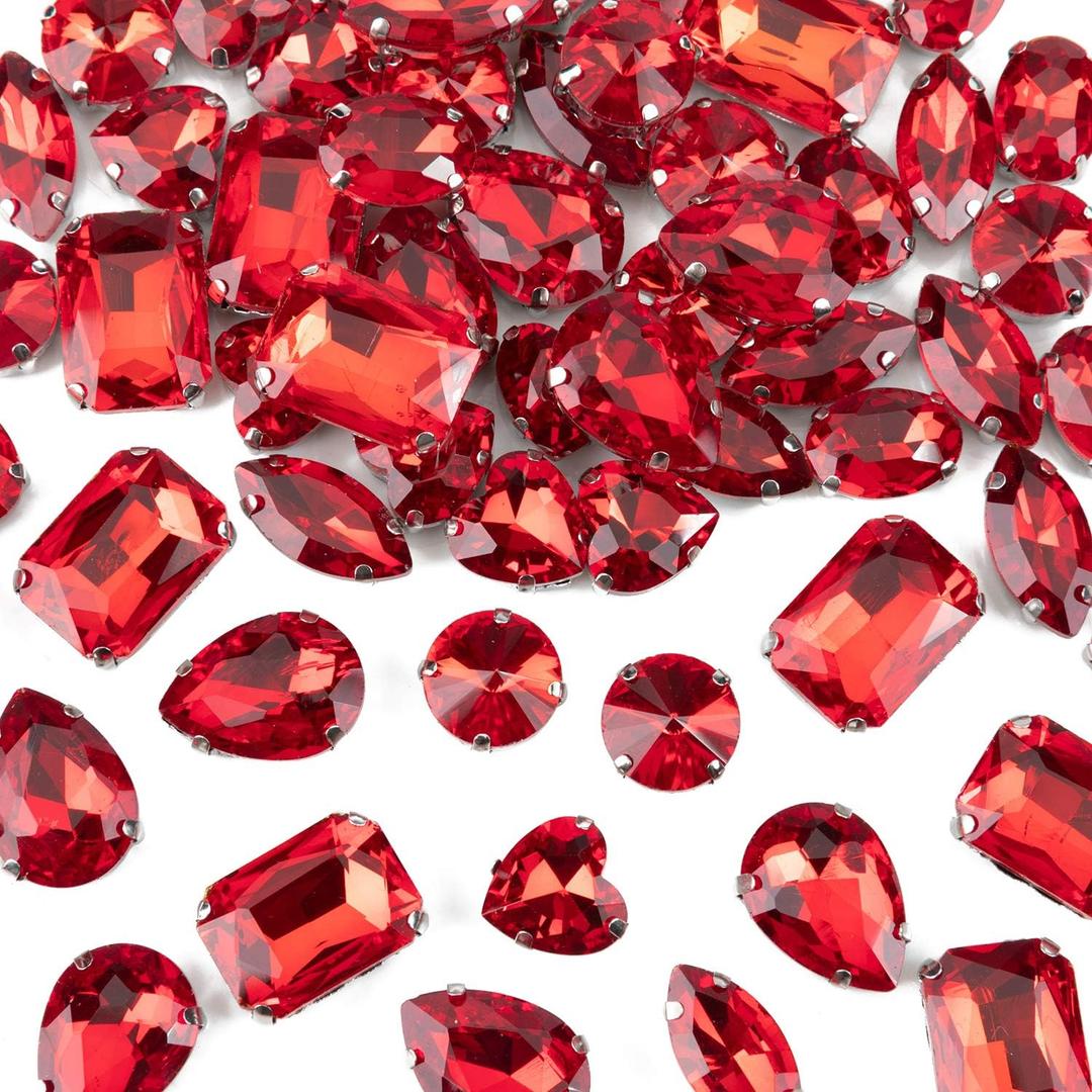 Sew On Rhinestones, Choupee 48PCS Mixed Shapes Sew On Glass Rhinestone Sewing Claw Rhinestone for Craft, Clothes, Garments, Dress, Earring, Belt, Shoes (Red, Stainless Steel - Silver Claw)