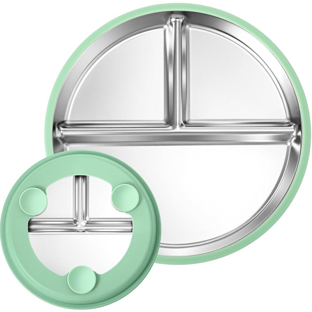 BUSOHA 9 Stainless Steel Kids Plate with Suction - Divided Toddler Baby Plates with Silicone Sleeves Non-Slip 2-in-1 Anti Breakage Metal Toddler Bowls Microwave Dishwasher Safe (Dark Green)