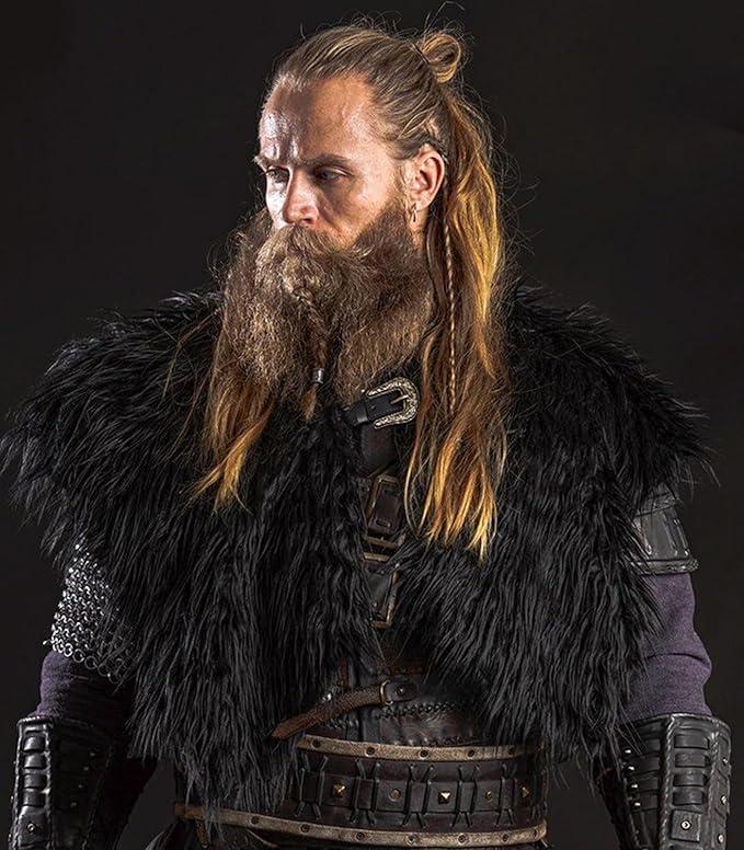 L'VOW Men Viking Fur Shawl Medieval Faux Fur Mantle Shoulder Wrap Collar Warrior Renaissance LARP Cosplay Costume Black