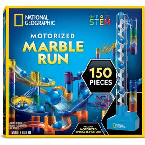 National Geographic Marble Run with Motorized Elevator - 150-Piece Marble Maze Kit with Motorized Spiral Lift, 30 Marbles, Storage Bag & More, Perpetual Motion Machine, Kids Physics Toys