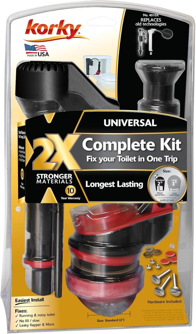 Korky 4010XP 2X Long-Life Standard 2-inch Complete Fixes: Running, Noisy, No/Slow Refill, and No/Weak Flush Easy to Install Toilet Repair Kit, Black