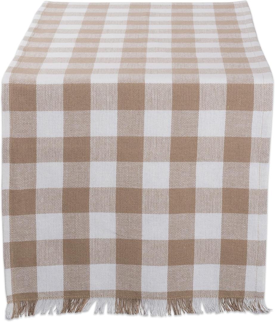 DII Heavyweight Fringed Check Tabletop Collection, Table Runner, 14x108, Stone Brown