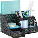 EasyPAG Pen Holder Desk Organizer with Drawer Pencil Cup for Desk 6 Compartments Metal Office Caddy Storage with Sticky Notes Holder for School Home Office, Black