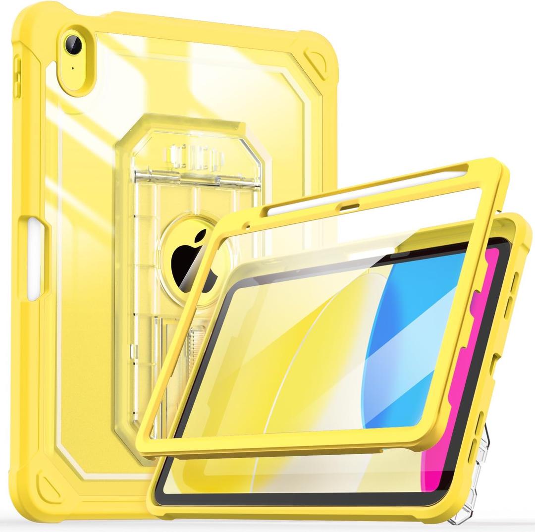 Cantis Case for iPad A16 11 Inch 2025/ iPad 10th Generation 2022 (10.9 inch) with Screen Protector & Pencil Holder, 11th Generation Case with Larger Stable Stand, Clear+Yellow