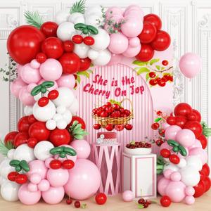 Cherry Balloon Garland Arch Kit, Red Pink White Green Long Balloons for Girls Birthday She is Cherry on Top Baby Shower Wedding Bridal Party Decorations