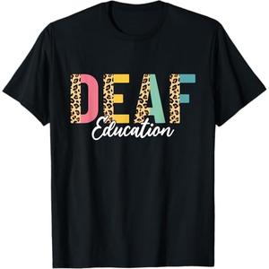 Deaf Education Half Leopard DHH Funny Deaf ASL Teacher T-Shirt L