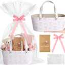 Wonderjune Easter Gift Basket Empty Pink Bow Leather Gift Basket with Handles Gifts Bag Ribbons Greeting Cards for Easter Spring Wedding Baby Shower Favor Stuffers Wrapping(13.4 x 7.5 x 5.5 Inch)