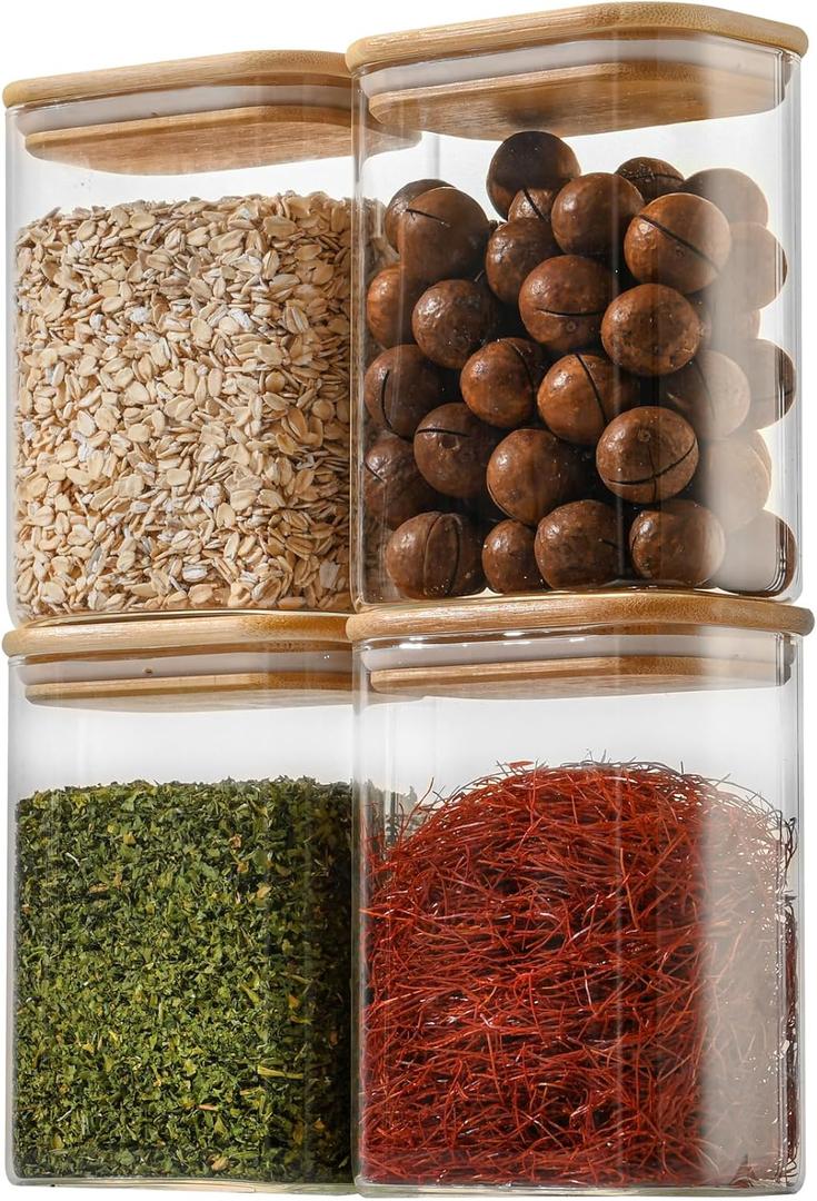 37oz Rectangle Airtight Glass Storage Containers with Bamboo Lids (Set of 4), Square Food Storage Jar, Pantry Organizers for Cereal, Nuts, Snacks and Coffee beans (with Black Lable)