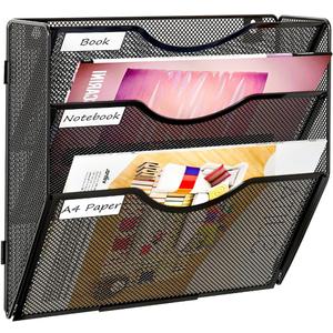 PAG Hanging Wall File Holder, 3 Tier Mail Sorter for Wall, Mesh Office Wall Organizer For Papers/Folders/Files Clipboard & Magazine, Black