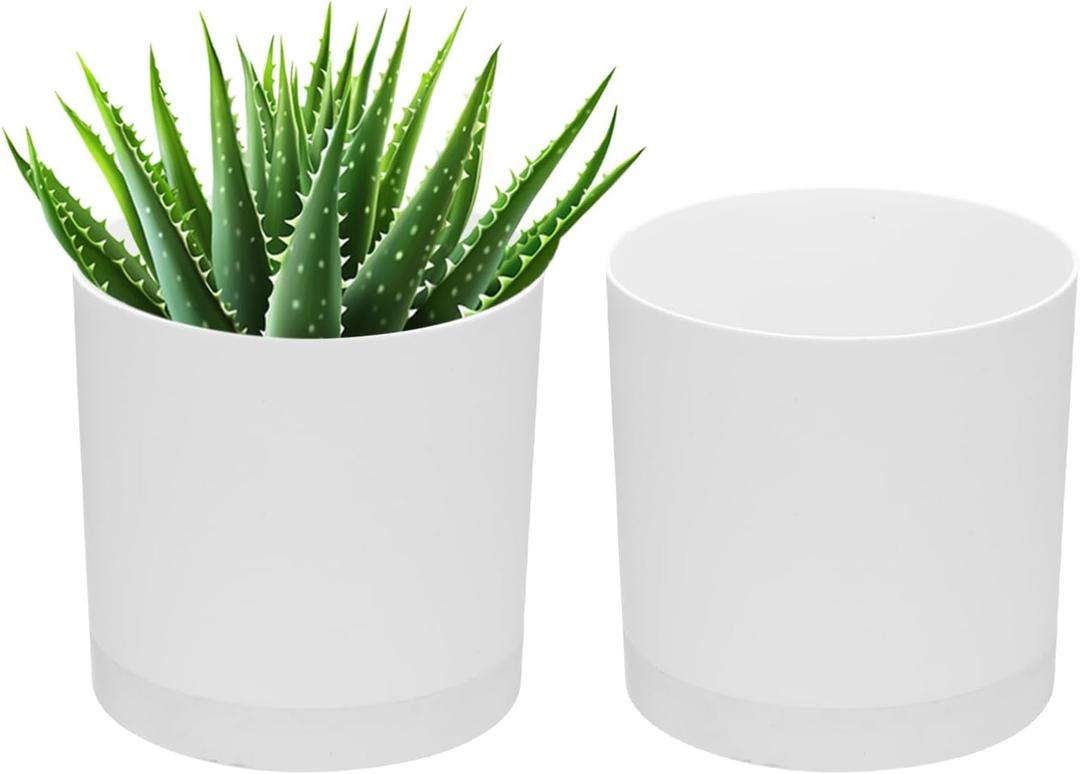 PATIKIL 5 Inch/12.5cm Plastic Plant Pots, 2 Pack Small Flower Pot Planters with Drainage Holes and Saucer for Home Decor Indoor Plants, White