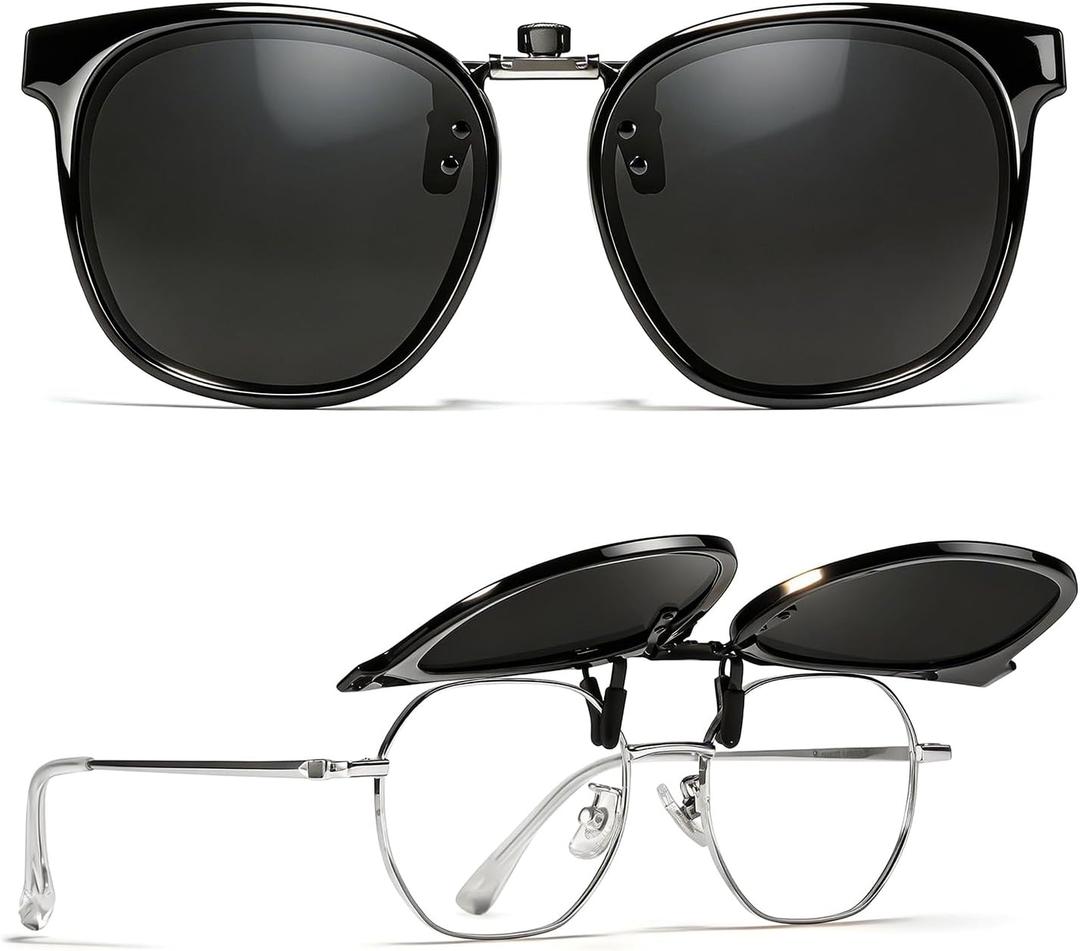 TJUTR Polarized Clip-On Sunglasses Over Prescription Glasses, Flip-Up UV400 Protection, Like Sunglasses Design for Men Women