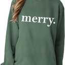 SOFEON Merry Christmas Sweatshirts For Women Holiday Long Sleeve Shirts Letter Print Crewneck Pullover Oversized Tops (Large, Green)