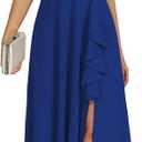 COOAN Women's Black Long Formal Dresses Cocktail Wedding Guest Dress Ruffle Split Elegant V Neck Party Gowns, Large