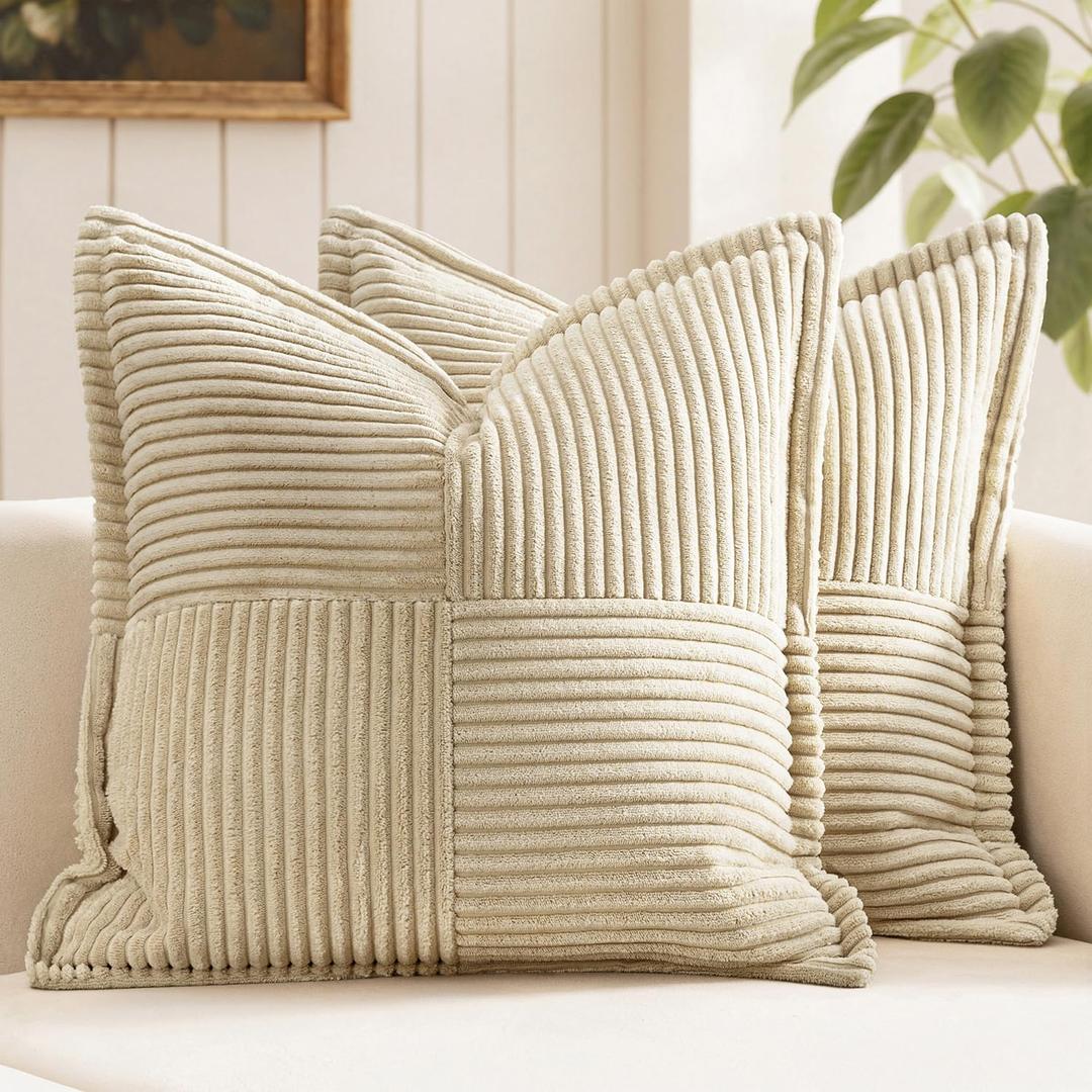 MIULEE Decorative Throw Pillow Covers for Couch Bed Livingroom 18x18 Inch Set of 2 Cream Boho Accent Throw Pllows Broadside Striped Patchwork Soft Corduroy Pillowcases