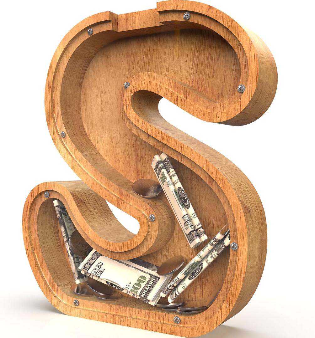 Piggy Bank for Kids Boys Girls, Large Personalized Wooden Letter Piggy Bank with Cut-Out Design, Alphabet Letter Coin Banks, Money Savings Box, Wooden Bank for Kids Creative Gift for Real-Money(S) (New Style-Initial-9.2")